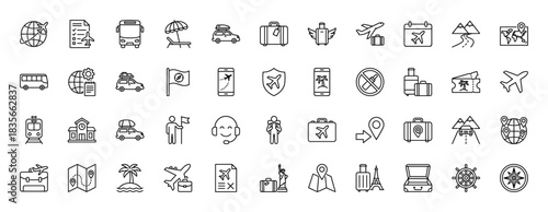 Travel and tourism line icon set. Vector pictograms of airplane, luggage, map, bus, car, and train, thin outline illustration.