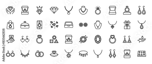 Jewelry line icon set. Vector pictograms of diamond rings, necklaces, earrings, and gem boxes, thin outline illustration.