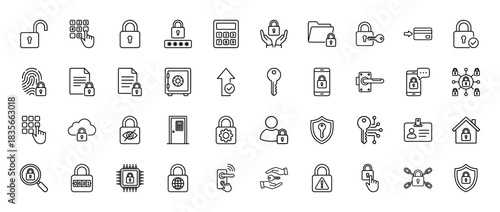 Cybersecurity line icon set. Vector pictograms of unlocked padlock, biometric fingerprint, security shield, and encrypted document, thin outline illustration.