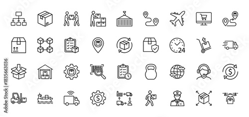 Logistics and shipping line icon set. Vector pictograms of warehouse, package, delivery truck, and courier, thin outline illustration.