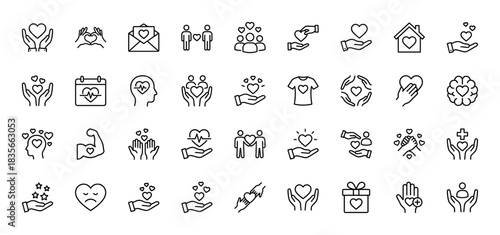 Love and affection line icon set. Vector pictograms of hearts, hands, relationships, and health, thin outline illustration.