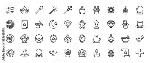 Fantasy and magic outline icon set. Vector pictograms of a magic wand, crystal ball, wizard hat, and cauldron, thin line illustration.