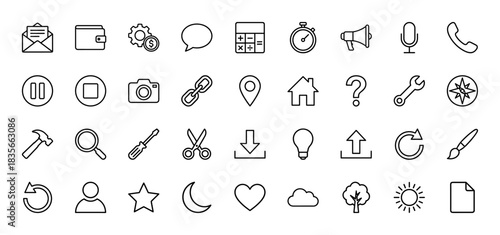Universal user interface line icon set. Vector pictograms of settings, message, tools, media, and navigation, thin outline illustration.
