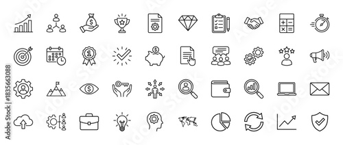 Business and finance line icon set. Vector pictograms of growth chart, handshake, dollar bag, diamond, and clipboard, thin outline illustration.