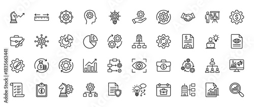 Business strategy and project management line icon set. Vector pictograms of gear, handshake, chart, and checklist, thin outline illustration.