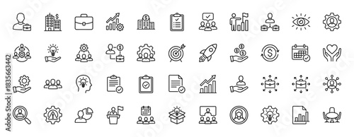 Business and management line icon set. Vector pictograms of teamwork, strategy, growth, and finance, thin outline illustration.