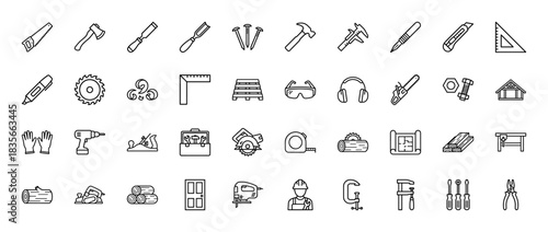 Woodworking and carpentry tools line icon set. Vector pictograms of saw, hammer, drill, chisel, and clamps, thin outline illustration.