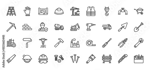 Construction line icon set. Vector pictograms of ladder, helmet, crane, tools, and safety gear, thin outline illustration.