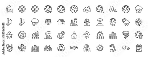 Climate change and global warming line icon set. Vector pictograms of pollution, emissions, disaster, and recycling, thin outline illustration.