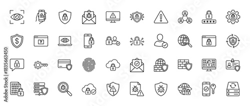 Cyber security and data protection line icon set. Vector pictograms of shield, lock, bug, password, and vpn, thin outline illustration.