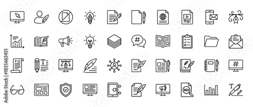 Blogging and content creation line icon set. Vector pictograms of document, pen, feather, chart, light bulb, and computer, thin outline illustration.