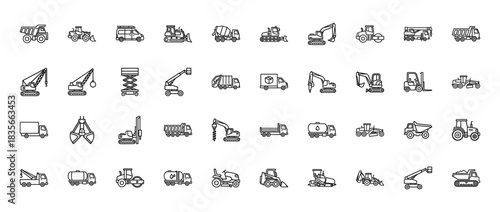 Construction and heavy machinery line icon set. Vector pictograms of dump truck, excavator, bulldozer, and crane, thin outline illustration.
