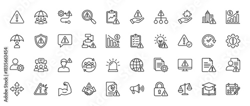 Risk management line icon set. Vector pictograms of warning sign, crisis analysis, insurance, danger alert and security shield. Thin outline illustration.