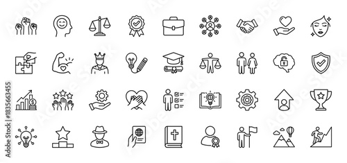 Ethics, values, and education line icon set. Vector pictograms of handshake, trophy, graduation cap, and scales, thin outline illustration.