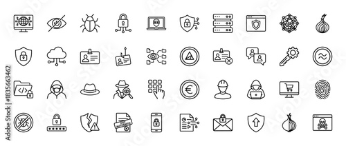 Cybersecurity line icon set. Vector pictograms of protection, hacker, lock, password, data, and shield, thin outline illustration.