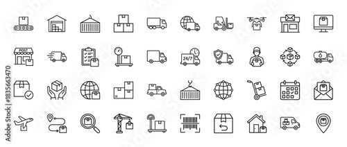 Logistics and shipping line icon set. Vector pictograms of warehouse, truck, drone, mailbox, and forklift, thin outline illustration.