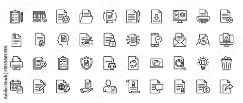 Document and file management line icon set. Vector pictograms of archive, contract, security, and digital paperwork, thin outline illustration.