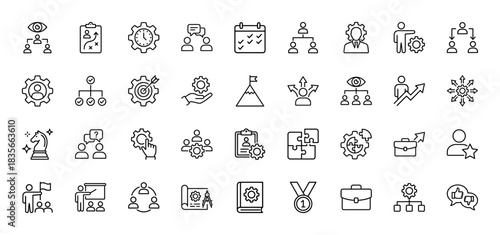 Business management and strategy line icon set. Vector pictograms of teamwork, planning, goal, gear, and structure, thin outline illustration.