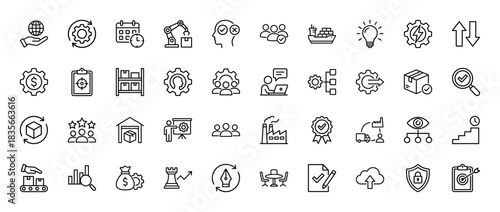 Supply chain and business management line icon set. Vector pictograms of production, logistics, strategy, and optimization, thin outline illustration.