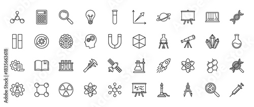 Science and research line icon set. Vector pictograms of molecule, microscope, telescope, and laboratory equipment, thin outline illustration.