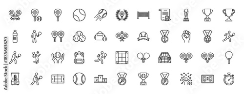 Sport and tennis line icon set. Vector pictograms of rackets, balls, court, net, trophy, and medals, thin outline illustration.