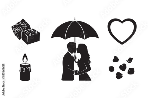 Romantic silhouette icons for valentine s day and love celebrations