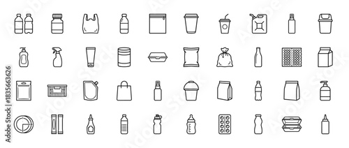 Packaging and container line icon set. Vector pictograms of bottles, bags, boxes, cups, and jugs, thin outline illustration.