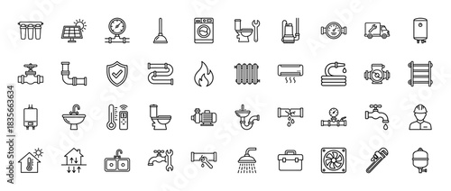 Plumbing and heating line icon set. Vector pictograms of water filter, solar panel, sink, toilet, radiator, and tools, thin outline illustration.