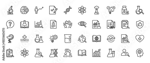Science and research line icon set. Vector pictograms of microscope, brain, dna, atom, and chemical glassware, thin outline illustration.
