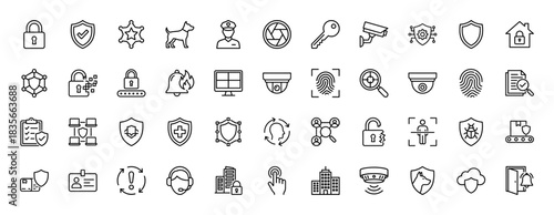 Security line icon set. Vector pictograms of lock, shield, camera, fingerprint, key, and guard, thin outline illustration.