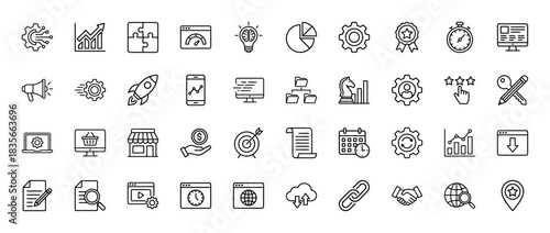 Business and marketing line icon set. Vector pictograms of settings, charts, strategy, and analytics, thin outline illustration.