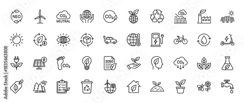 Ecology and environment line icon set. Vector pictograms of wind turbine, electric car, recycle, and co2 neutral, thin outline illustration.