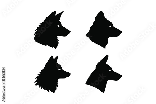 Four black silhouettes of dog heads facing right