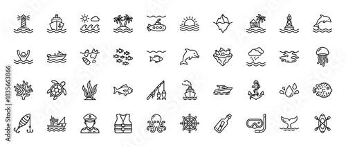 Ocean and nautical line icon set. Vector pictograms of lighthouse, ship, dolphin, and jellyfish, thin outline illustration.