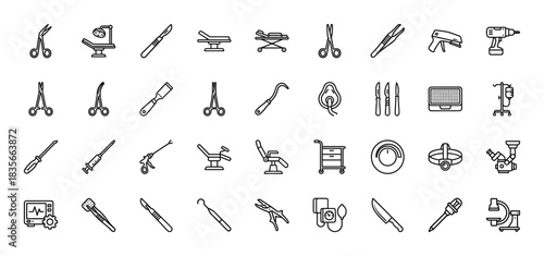 Medical surgical equipment line icon set. Vector pictograms of scalpel, forceps, scissors, operating table, and microscope, thin outline illustration.