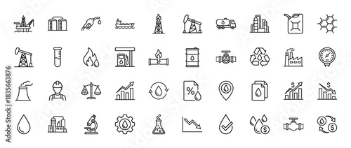 Oil and gas industry line icon set. Vector pictograms of drilling, refinery, production, and finance, thin outline illustration.