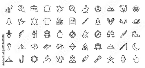 Hunting and camping line icon set. Vector pictograms of a bear, deer, rifle, tent, and campfire, thin outline illustration.