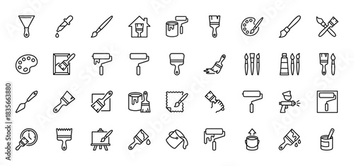 Creative art and painting line icon set. Vector pictograms of brushes, palette, roller, and paint cans, thin outline illustration.