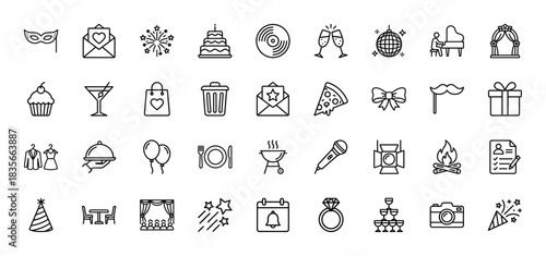Party and celebration line icon set. Vector pictograms of gift, microphone, cake, confetti, and disco ball, thin outline illustration.