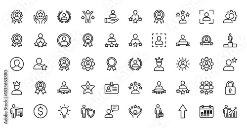 Business and achievement line icon set. Vector pictograms of rewards, people, badges, recognition, and performance, thin outline illustration.