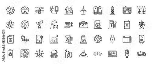 Energy line icon set. vector pictograms of electricity, power plant, solar, wind, and nuclear power, thin outline illustration.