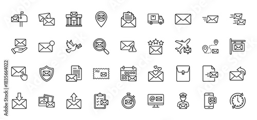 Email and postal service line icon set. Vector pictograms of envelope, mailbox, delivery truck, and letter, thin outline illustration.