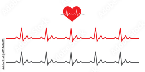 Set of red ECG heartbeat line or audio waveform line icons in various shapes. Isolated on transparent background, ideal for health monitoring, digital heartbeat graphics