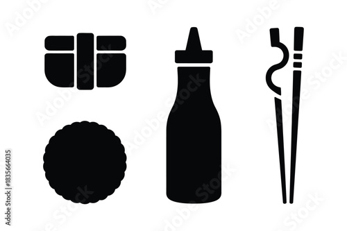 Japanese food icons sushi chopsticks sauce bottle rice ball