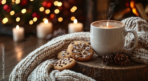 Steaming Hot Chocolate and Snowflake Cookies on Rustic Wood Image