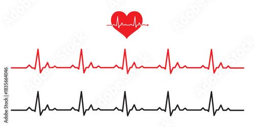 Set of red ECG heartbeat line or audio waveform line icons in various shapes. Isolated on transparent background, ideal for health monitoring, digital heartbeat graphics