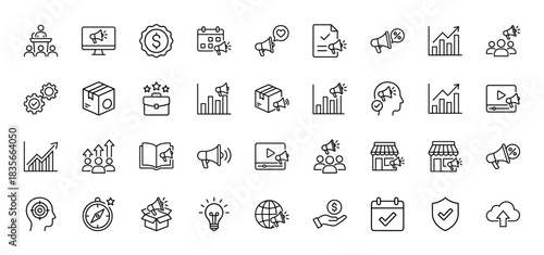 Marketing and promotion line icon set. Vector pictograms of megaphone, chart, money, package, and calendar, thin outline illustration.