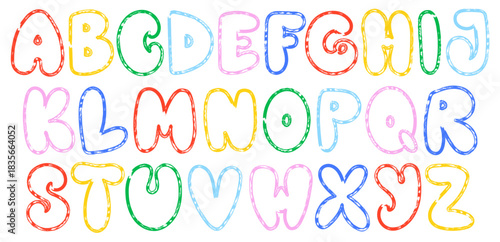 Hand drawn marker textured font. Stylish grunge alphabet with capital letters. Vector colorful childlike marker, chalk lettering with playful handcrafted design.