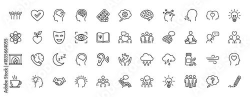Psychology and mental health line icon set. Vector pictograms of brain, heart, sleep, therapy, and meditation, thin outline illustration.