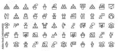 Business and presentation line icon set. Vector pictograms of speaker, audience, podium, growth, and team, thin outline illustration.